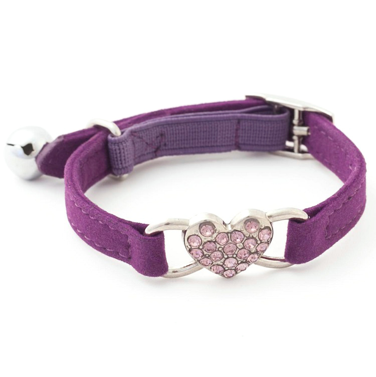 Purple velvet diamante heart cat saftey collar